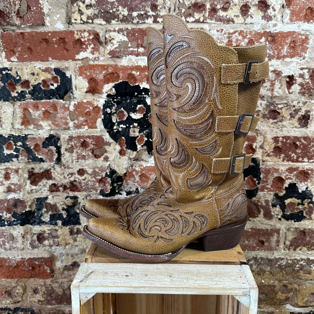 JB Dillon Reserve Womens Tan Leather Embroidered Triple Buckle Western Boots 5.5